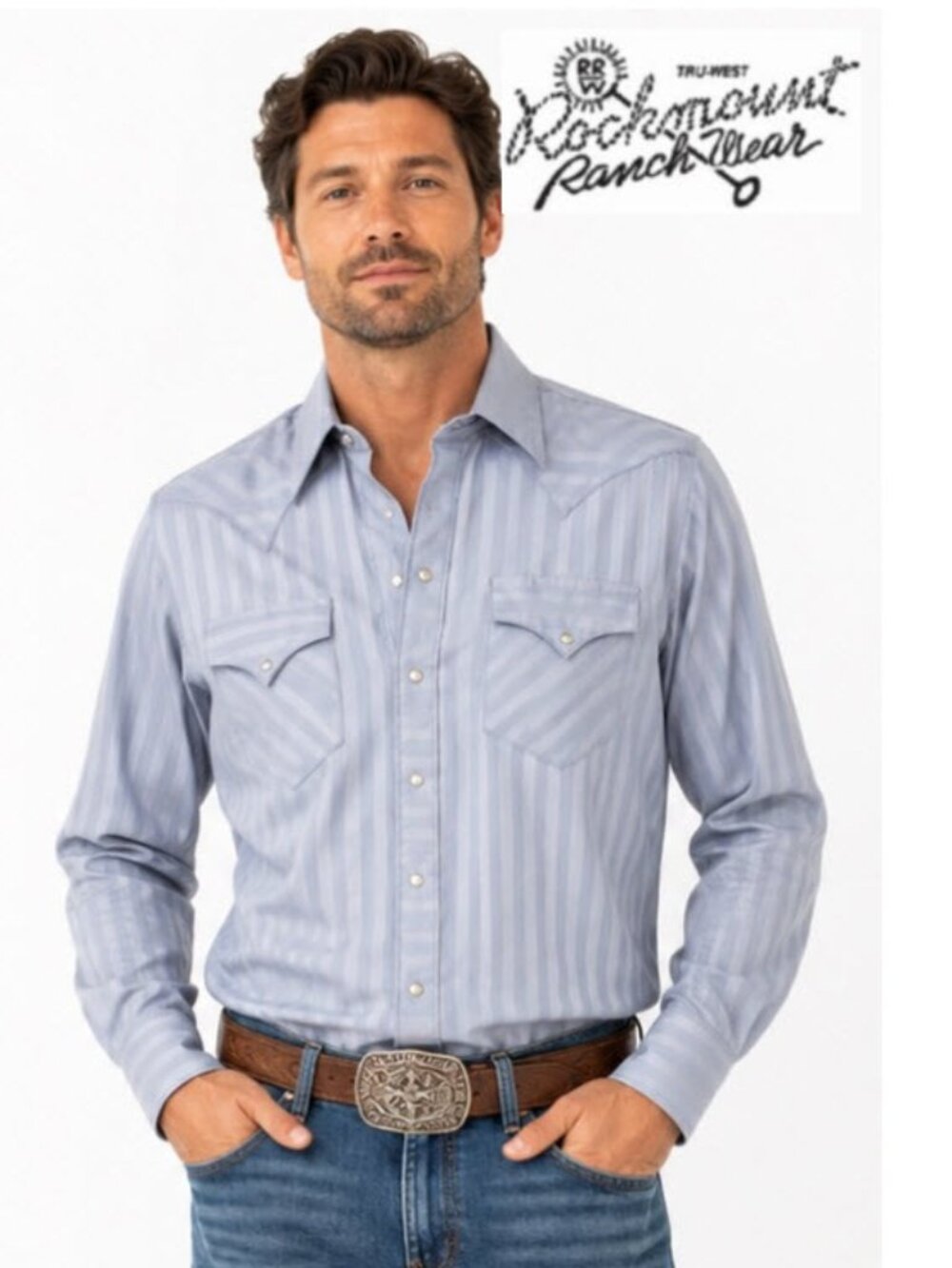 Tru-West Rockmount Ranch Wear Pearl Snap Western Shirt Blue Stripe Medium USA